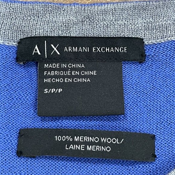 Armani‎ Exchange Sweater Mens Small 100% Merino Wool Blue Colorblock Pullover - Picture 4 of 10